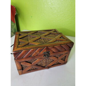 Vintage Antique Carved Wood Brass Trinket Jewelry Box Old Storage Bamboo?